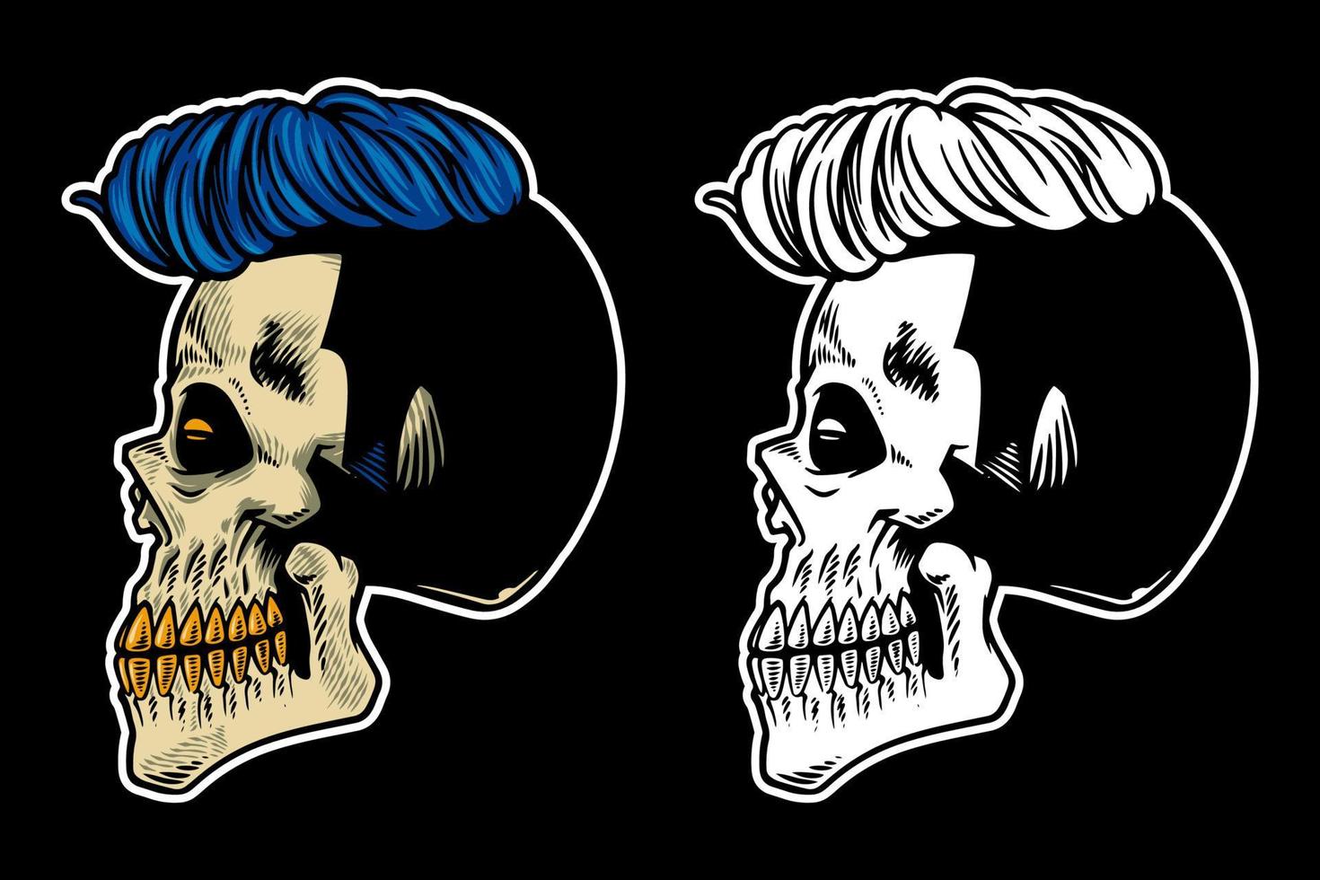 Cabeza de calavera dibujada a mano con ilustración de vector de pelo fresco