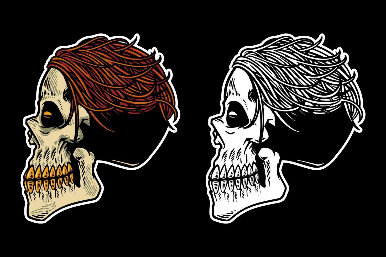 Cabeza de calavera dibujada a mano con ilustración de vector de pelo fresco