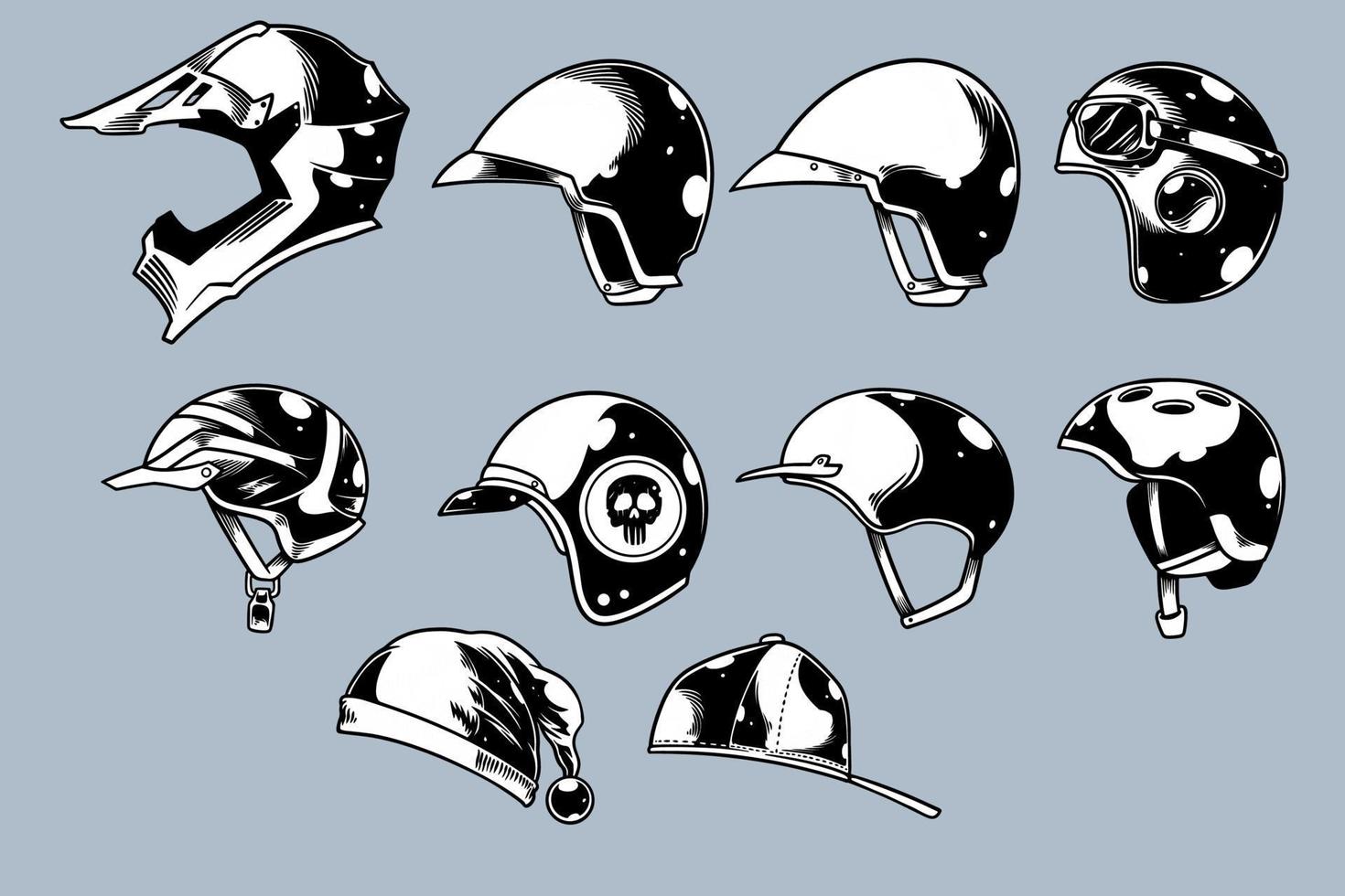 dibujado a mano varios helm ilustración vectorial conjunto estilo monocromo vector