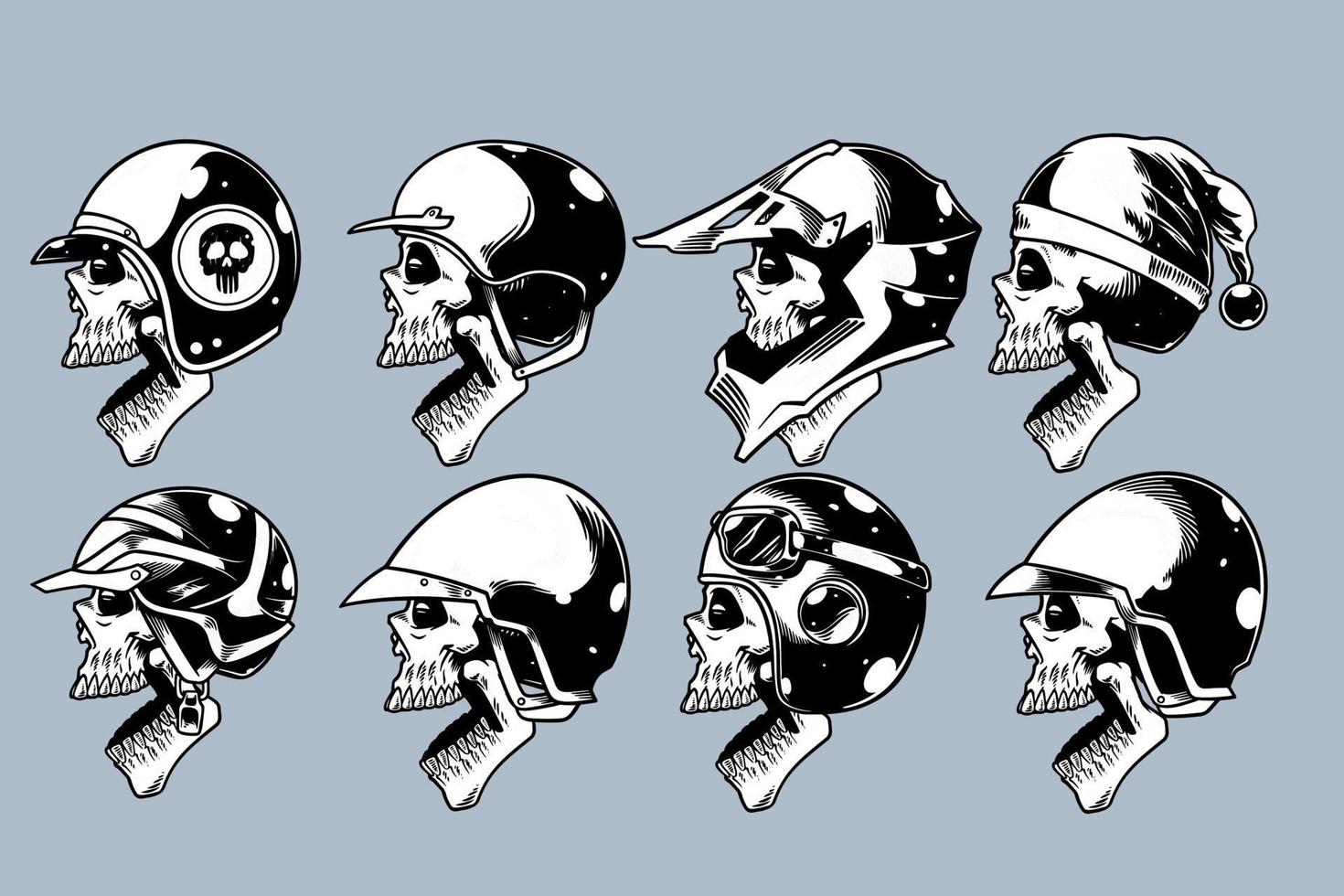 skull head with various helm on and open mouth illustration set monochrome style vector