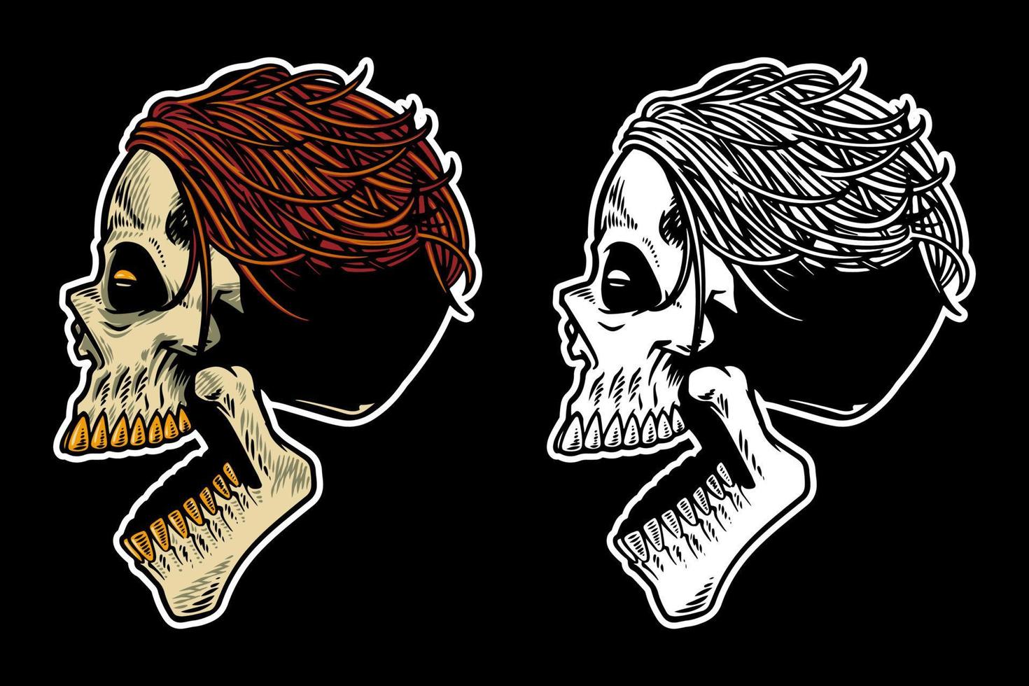 hand drawn skull head with cool hair and open mouth vector illustration