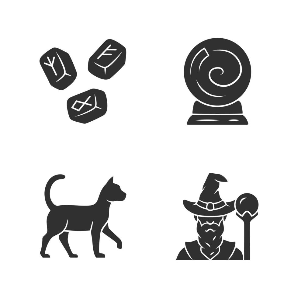 Magic glyph icons set. Runestones, fortune telling crystal ball, witch cat, wizard. Witchcraft and sorcery halloween symbols. Silhouette symbols. Vector isolated illustration