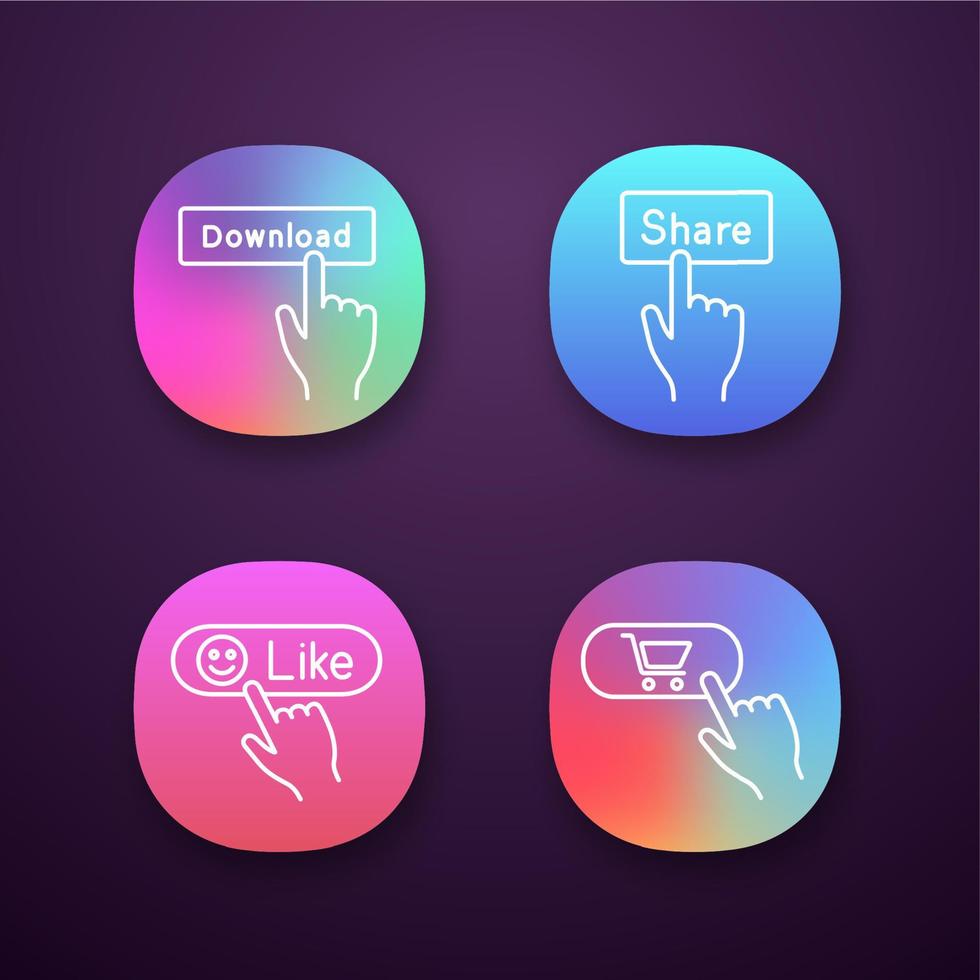 Click app icons set. Download, share, like, buy. UI UX user interface. Web or mobile applications. Vector isolated illustrations