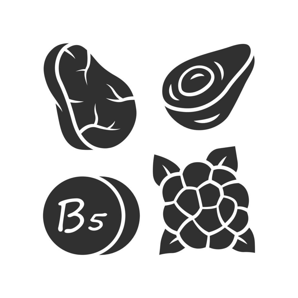 Vitamin B5 glyph icon. Meat, avocado and cauliflower. Healthy eating. Pantothenic acid natural food source. Minerals, antioxidants. Silhouette symbol. Negative space. Vector isolated illustration