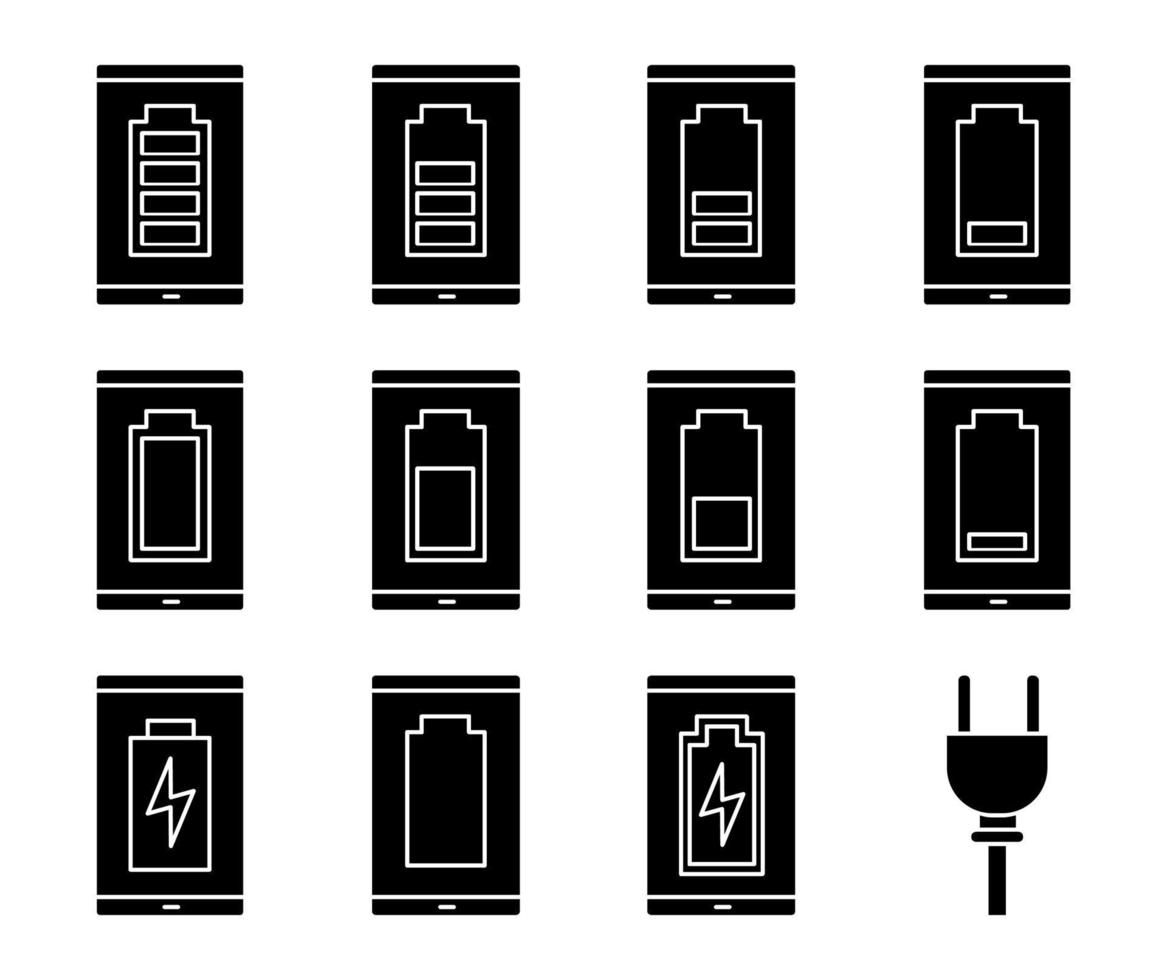 Smartphone battery charging glyph icons set. Mobile phone battery level indicator. Middle, low and high charge. Silhouette symbols. Vector isolated illustration