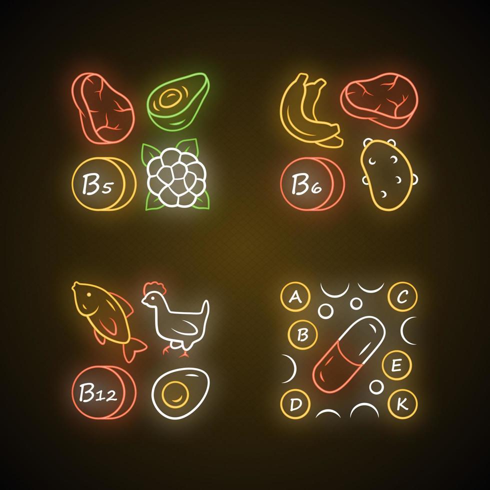 Vitamins neon light icons set. B5, B6, B12 natural food source. Vitamin pills. Fruits, meat, vegetables. Proper nutrition. Minerals, antioxidants. Glowing signs. Vector isolated illustrations