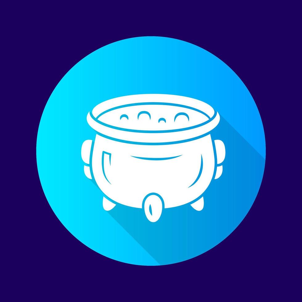 Witch cauldron blue flat design long shadow glyph icon. Brew potion. Wicked witchcraft, sorcery. Witch soup. Iron pot, boiler with magical poison. Halloween wizard item. Vector silhouette illustration