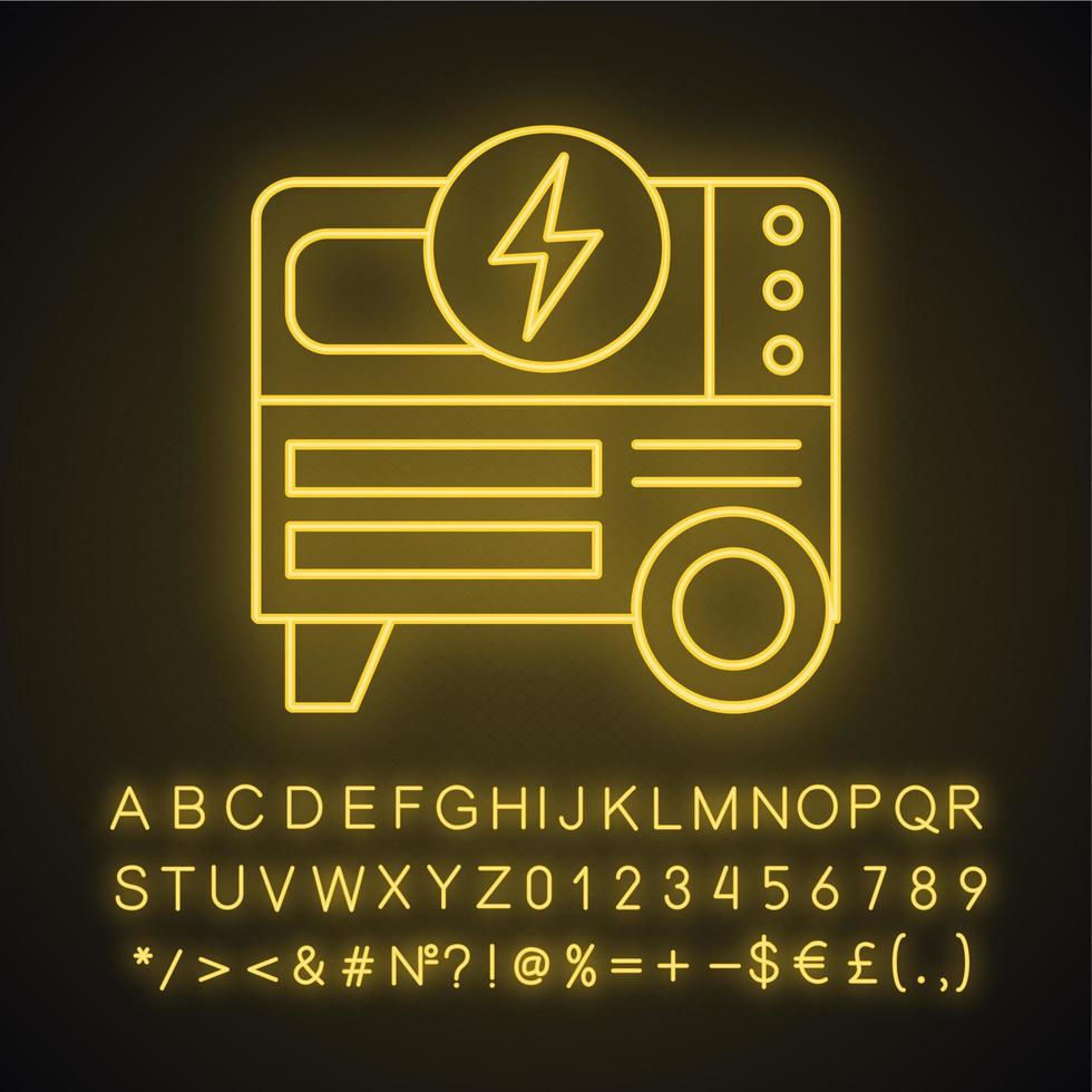 icono de luz de neón del generador de energía portátil. generador electrico casero. signo brillante con alfabeto, números y símbolos. ilustración vectorial aislada vector