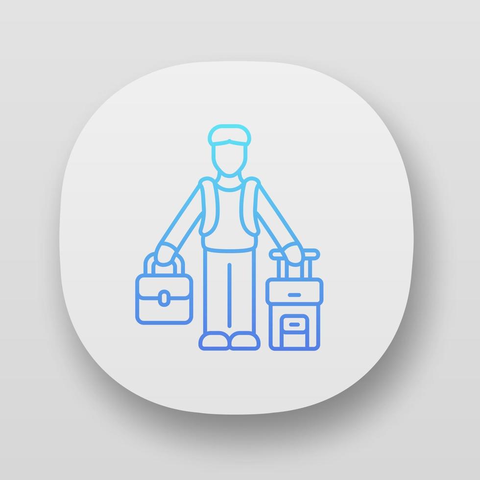 Immigrant man app icon. Refugee with suitcase and backpack. Travelling abroad. Solo trip, tourism. Immigration. UIUX user interface. Web or mobile applications. Vector isolated illustrations