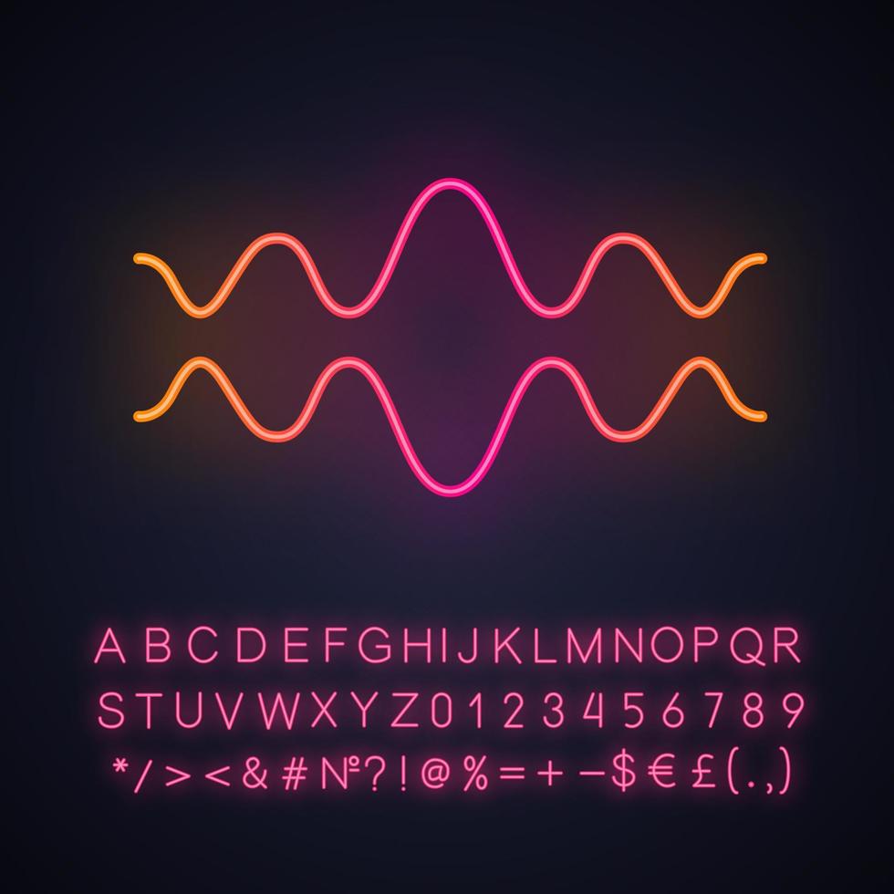 Fluid wave neon light icon. Flowing wavy lines. Music rhythm, soundwave. Equalizer, sound volume level abstract curve. Glowing sign with alphabet, numbers and symbols. Vector isolated illustration