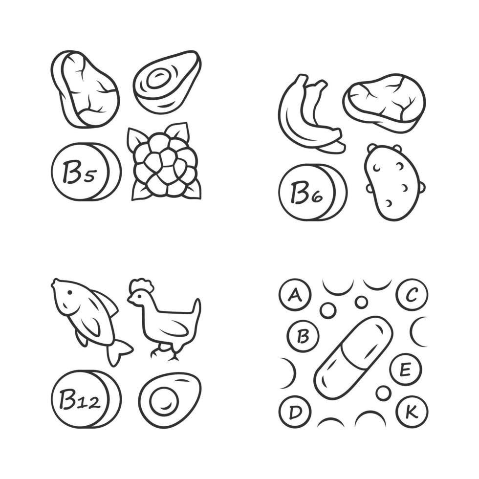 Vitamins linear icons set. B5, B6, B12 natural food source. Vitamin pills. Fruits, meat, vegetables. Minerals, antioxidants. Thin line contour symbols. Isolated vector illustrations. Editable stroke