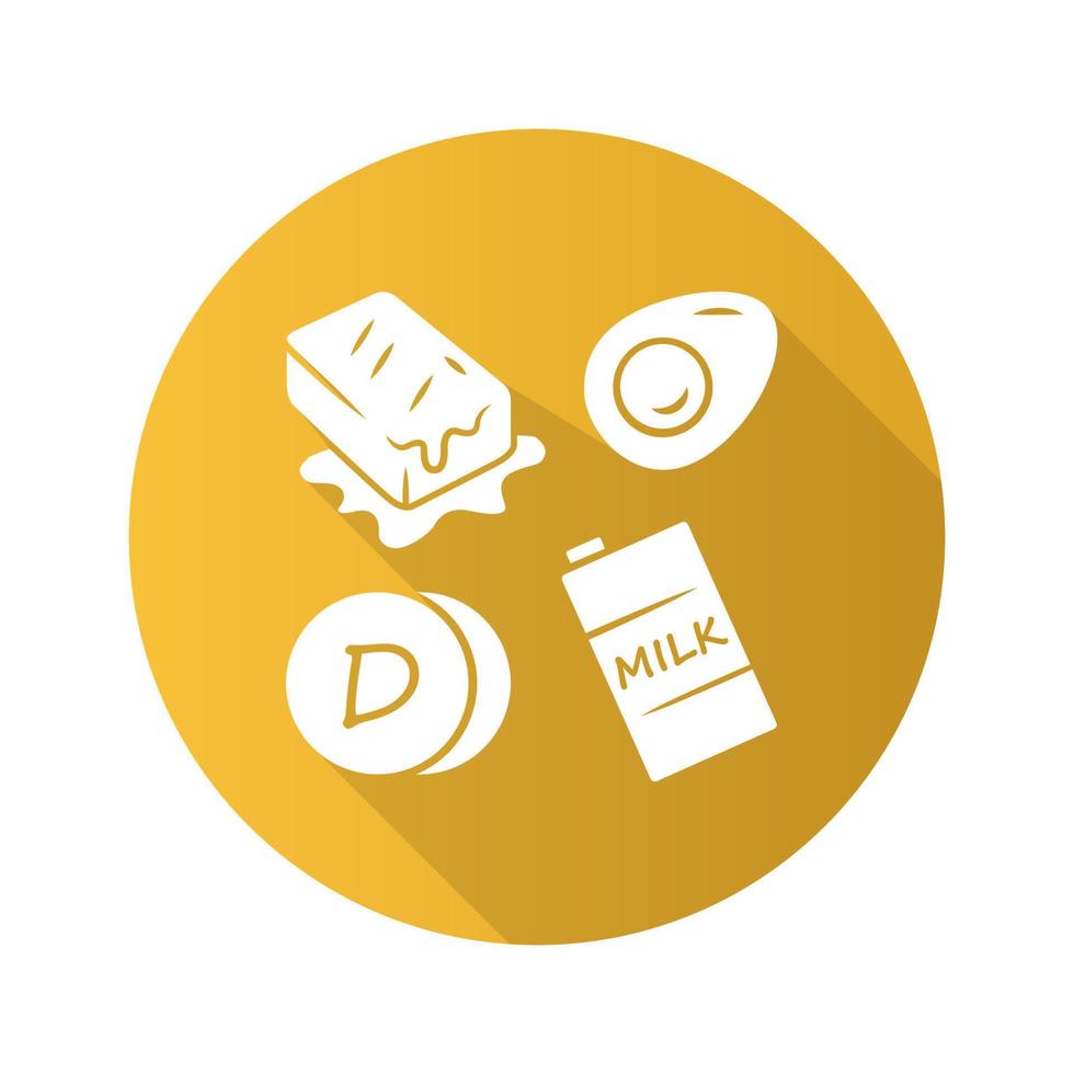 Vitamin D yellow flat design long shadow glyph icon. Butter, egg and milk. Healthy eating. Cholecalciferol natural food source. Dairy products. Proper nutrition. Vector silhouette illustration