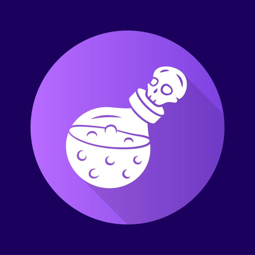 Death potion purple flat design long shadow glyph icon. Alchemy liquid bottle with skull. Magical elixir, wizard poison in glass flask. Occultism witchcraft spell. Vector silhouette illustration