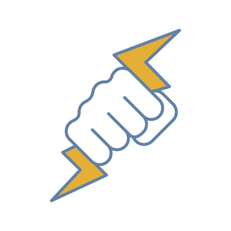 Hand holding lightning bolt color icon. Power fist. Electric energy. Zeus hand. Isolated vector illustration