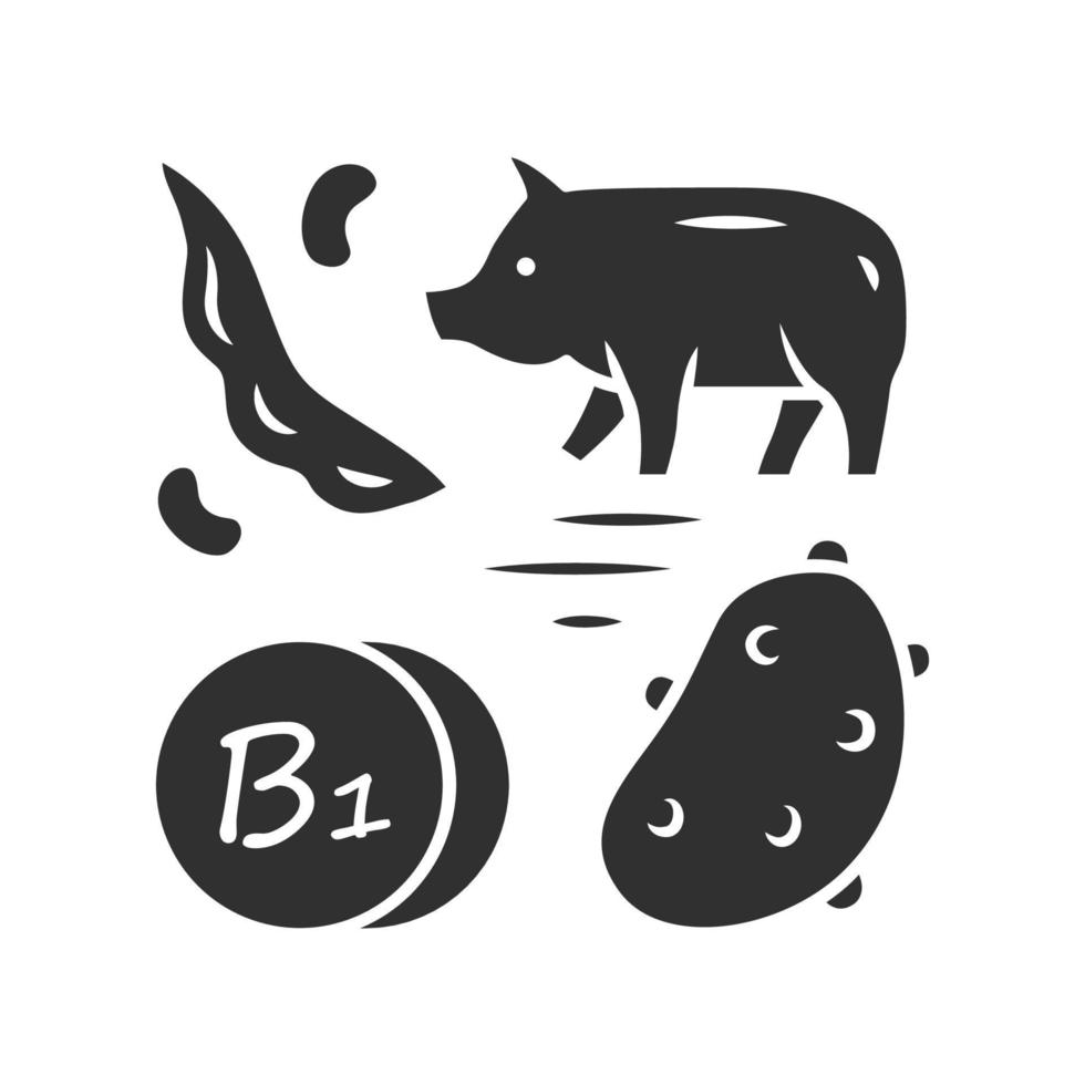 icono de glifo de vitamina b1. patata, cerdo y judía verde. alimentación saludable. tiamina fuente de alimento natural. símbolo de la silueta. espacio negativo. ilustración vectorial aislada vector