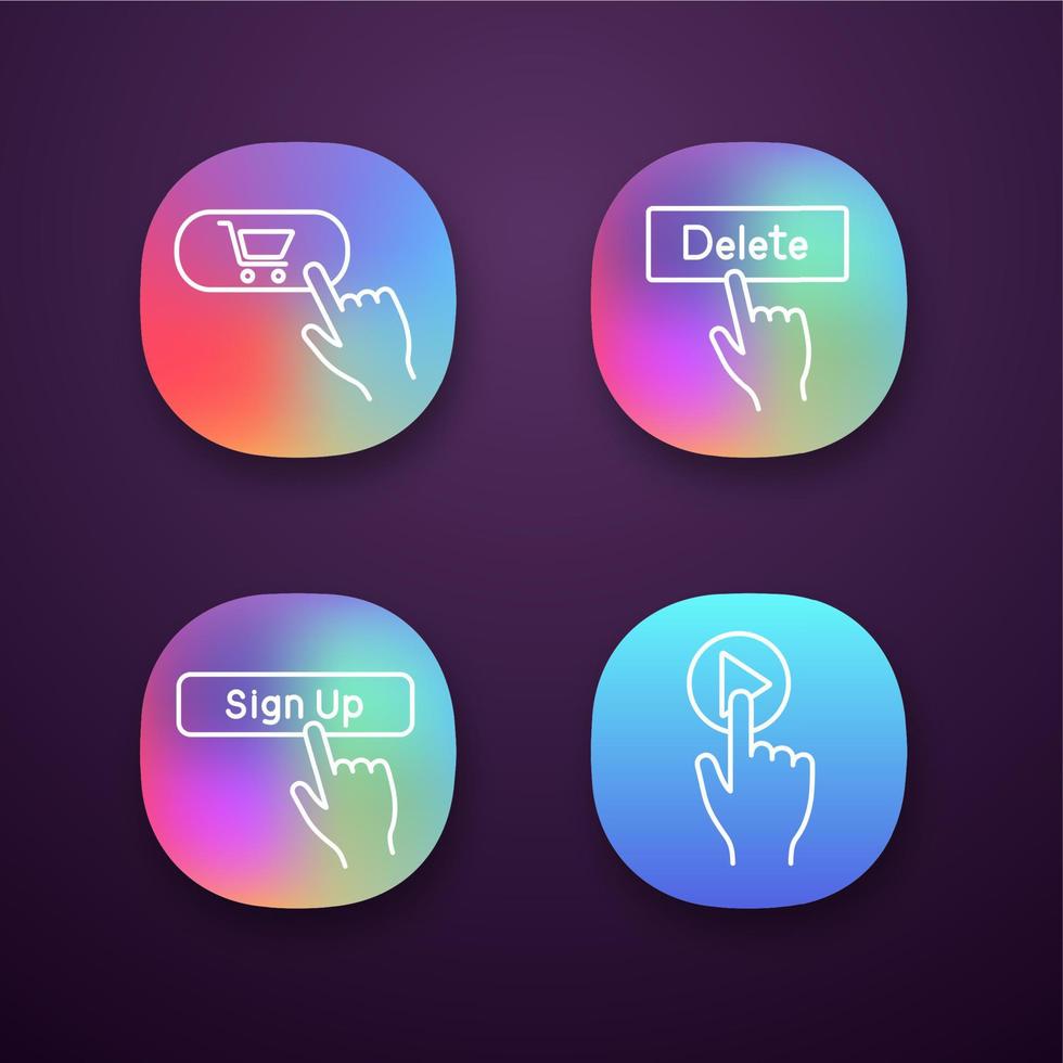 Click app icons set. Buy, delete, sign up, play. UI UX user interface. Web or mobile applications. Vector isolated illustrations