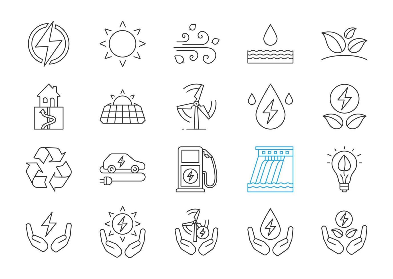 Alternative energy sources linear icons set. Eco power. Renewable resources. Water, solar, thermal, wind energy. Thin line contour symbols. Isolated vector outline illustrations. Editable stroke