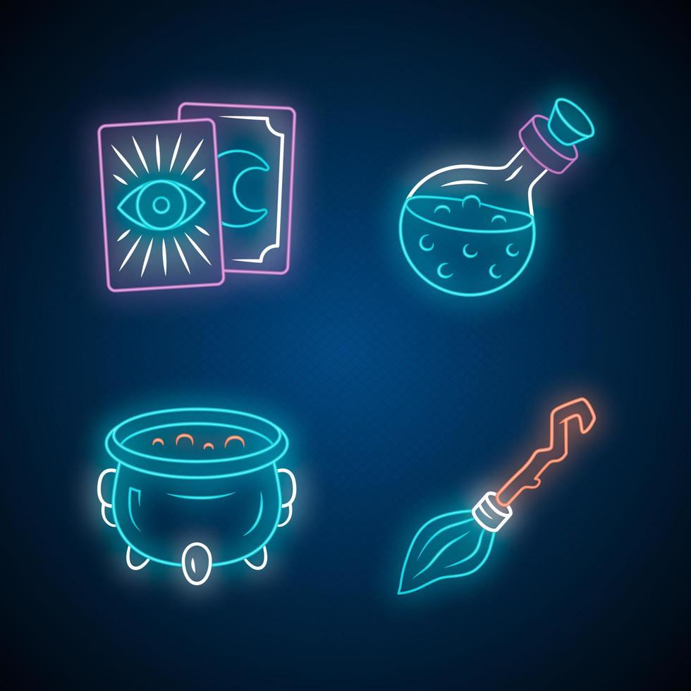 Magic neon light icons set. Tarot cards, potion, witch cauldron and broomstick. Witchcraft and sorcery Halloween items. Glowing signs. Vector isolated illustrations