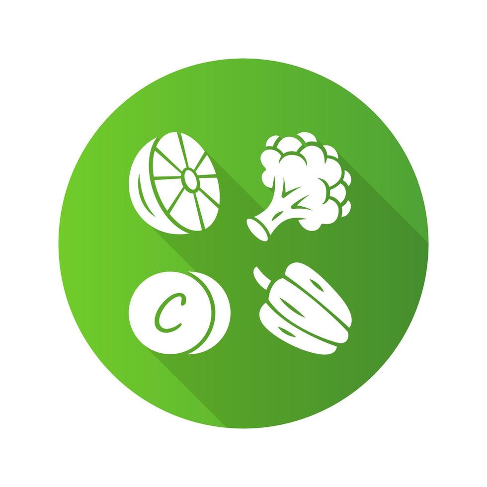 icono de glifo de sombra larga de diseño plano verde de vitamina c. limón, brócoli y pimiento. alimentación saludable. Fuente de alimento natural de ácido ascórbico. verduras. nutrición apropiada. ilustración de silueta vectorial vector