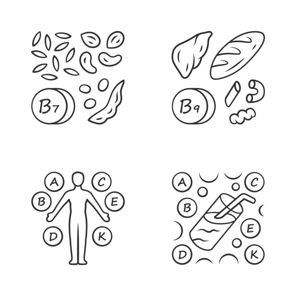 Vitamins linear icons set. B1, B9 natural food source. Vitamin complex, cocktail. Nuts, flour products. Minerals, antioxidants. Thin line contour symbol. Isolated vector illustrations. Editable stroke