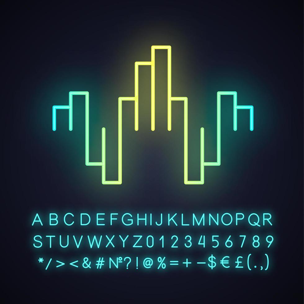 Geometric music wave neon light icon. Abstract soundwave. Music rhythm, dj equalizer waveform. Digital sound frequency. Glowing sign with alphabet, numbers and symbols. Vector isolated illustration