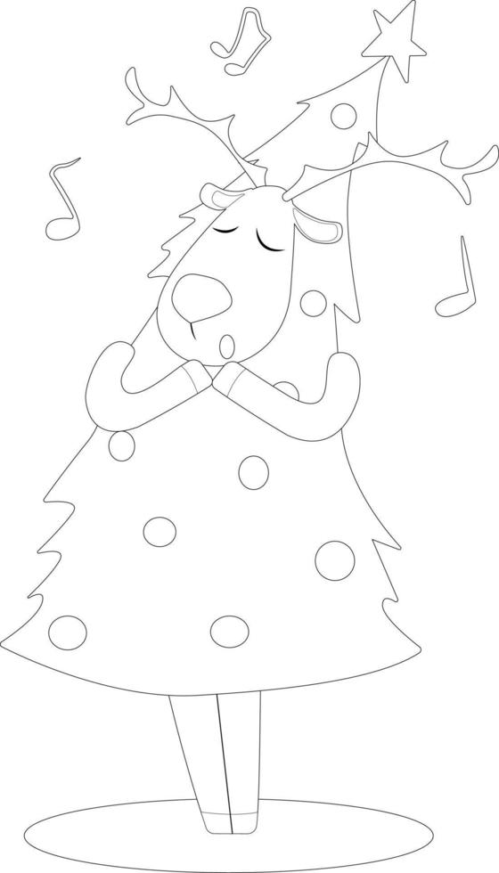 Coloring page with a singing deer dressed as a Christmas tree vector