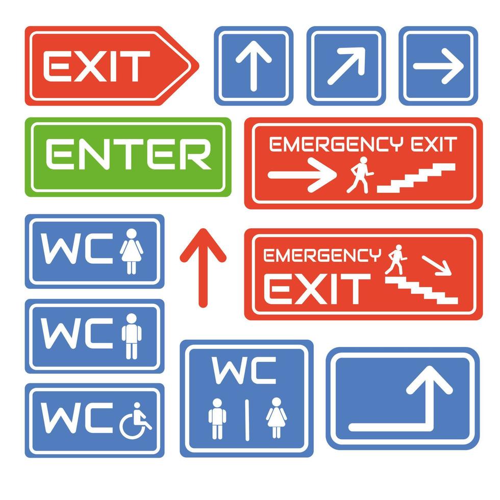 Wayfindings. Signs entry and exit from premises. Forbidding signs entry and exit, water closet. lllustration, Vector. vector