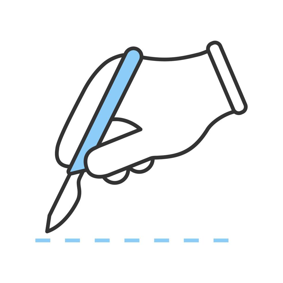 Scalpel skin incision color icon. Plastic surgery. Surgical incision. Surgeons hand. Isolated vector illustration
