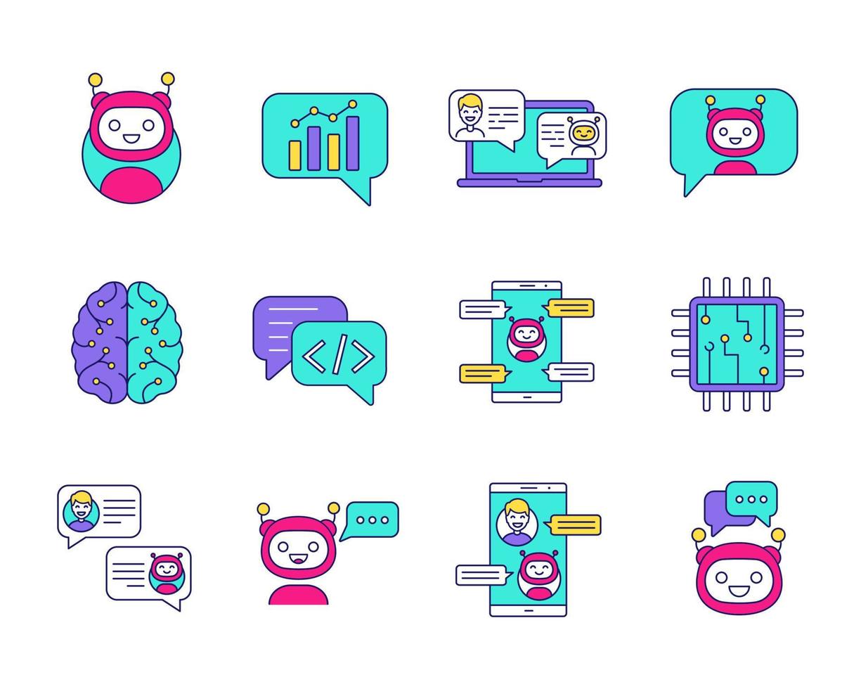 conjunto de iconos de color de chatbot. robots de chat bots parlantes. asistentes virtuales. soporte, chat, código, bots de mensajería. ayudantes en línea. ilustraciones de vectores aislados