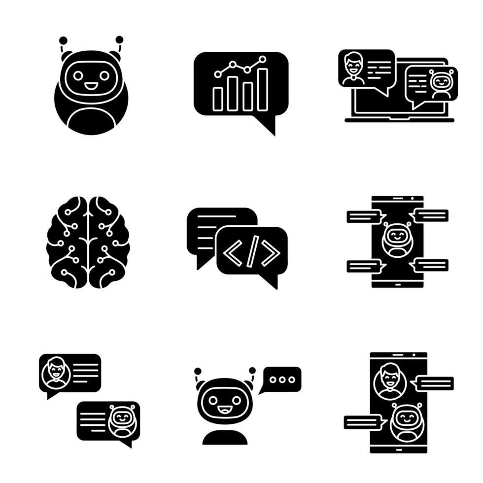 Chatbots glyph icons set. Silhouette symbols. Talkbots. Graph, support, code, messenger, chat bots. Modern robots. Chatterbots. Virtual assistants. Vector isolated illustration