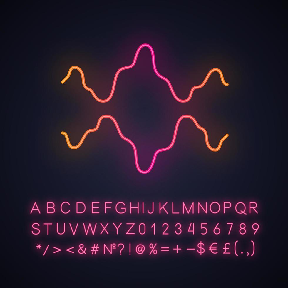 Abstract fluid waveforms neon light icon. Music rhythm, digital soundwave, frequency curves. Asymmetrical wavy lines. Glowing sign with alphabet, numbers and symbols. Vector isolated illustration