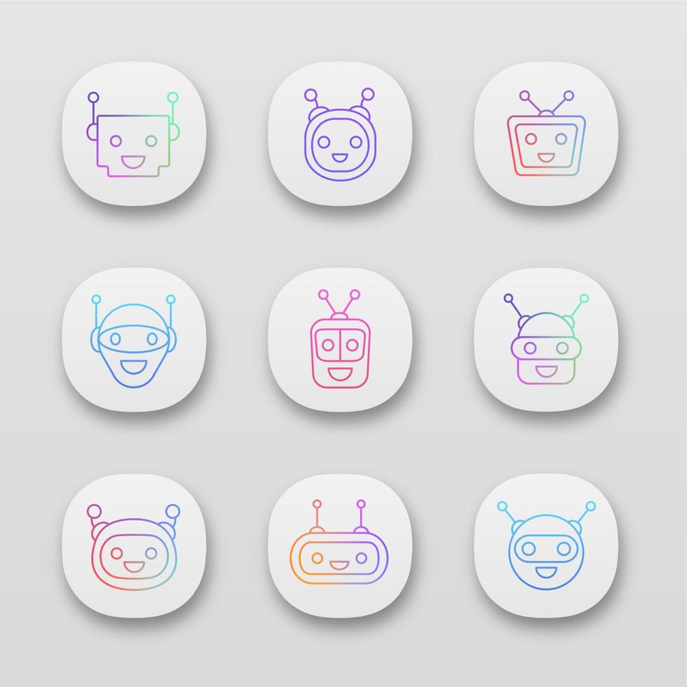 Chatbot app icons set. UIUX user interface. Modern robots emojis. Laughing, happy chat bot smileys. Virtual assistants. Web or mobile applications. Vector isolated illustrations