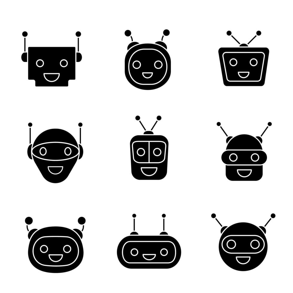 Chatbots glyph icons set. Silhouette symbols. Modern robots emojis. Laughing, happy chat bot smileys. Virtual assistants. Vector isolated illustration