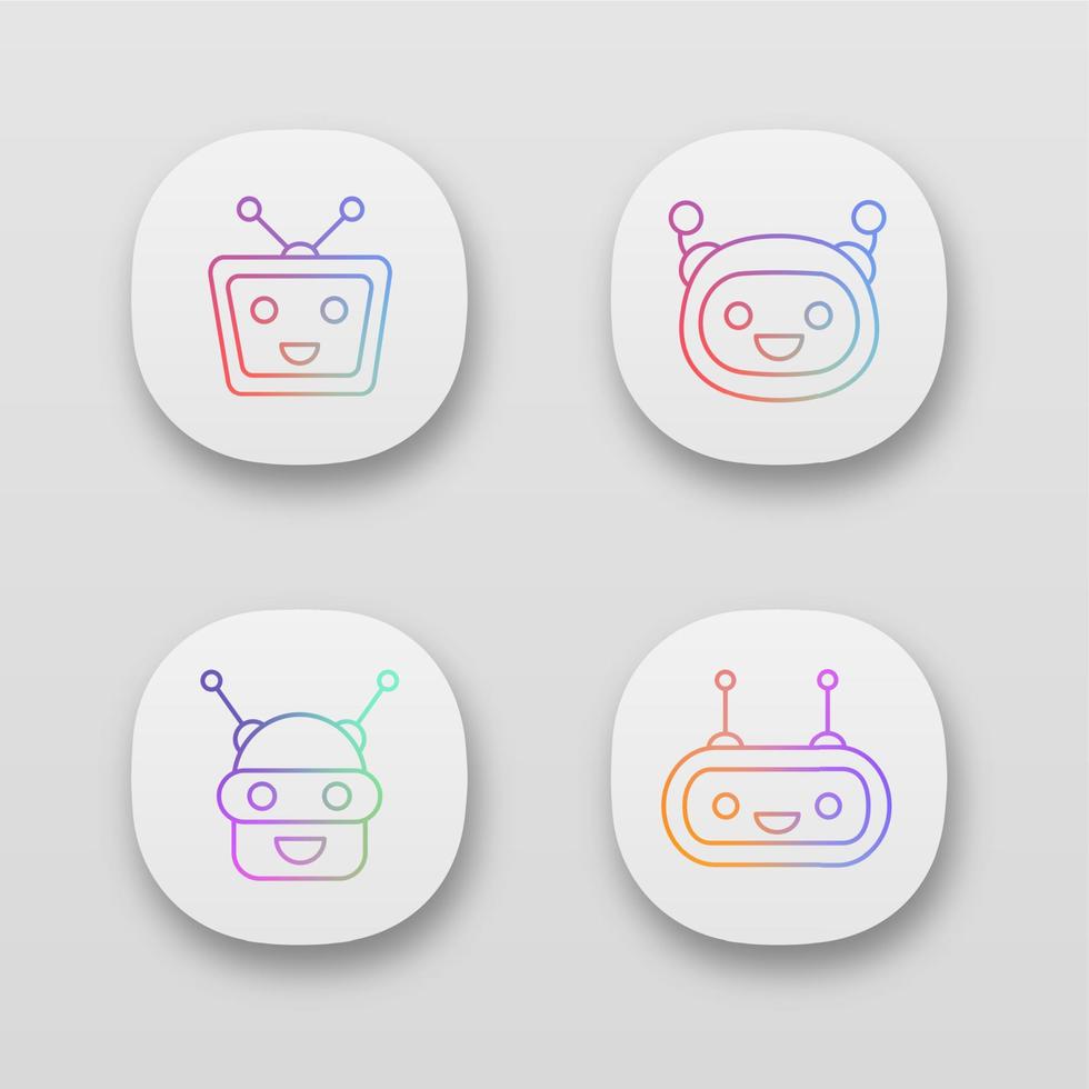 Chatbot app icons set. UIUX user interface. Talkbots. Laughing virtual assistants. Conversational agents. Modern robots. Web or mobile applications. Vector isolated illustrations