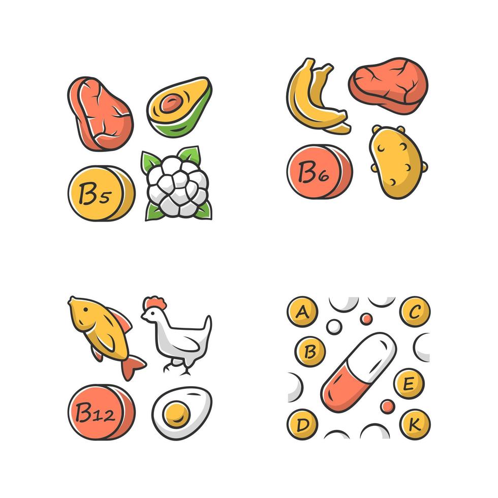 Vitamins color icons set. B5, B6, B12 natural food source. Vitamin pills. Fruits, meat, vegetables. Proper nutrition. Healthy food. Healthcare. Minerals, antioxidants. Isolated vector illustrations