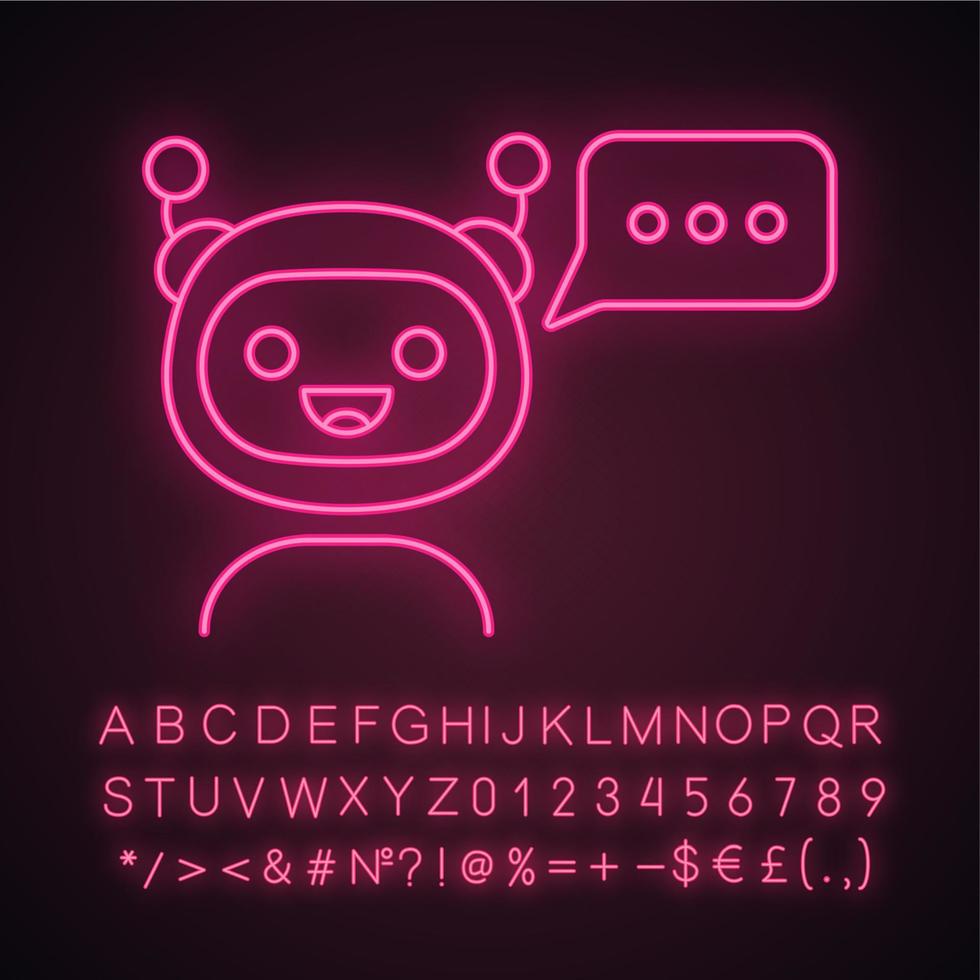 Chatbot with three dots in speech bubble neon light icon. Modern robot. Online virtual assistant. Digital support. Glowing sign with alphabet, numbers and symbols. Vector isolated illustration