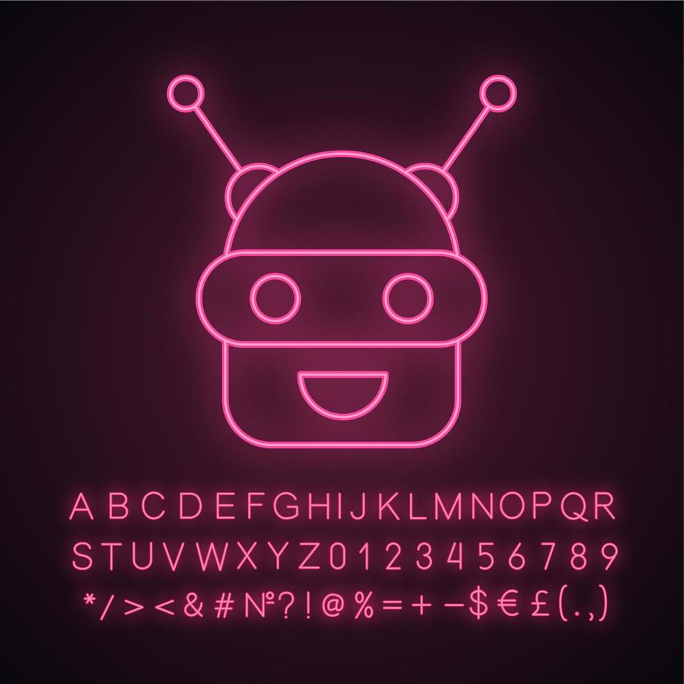 Chatbot neon light icon. Talkbot. Modern robot. Android laughing chat bot. Virtual assistant. Conversational agent. Glowing sign with alphabet, numbers and symbols. Vector isolated illustration