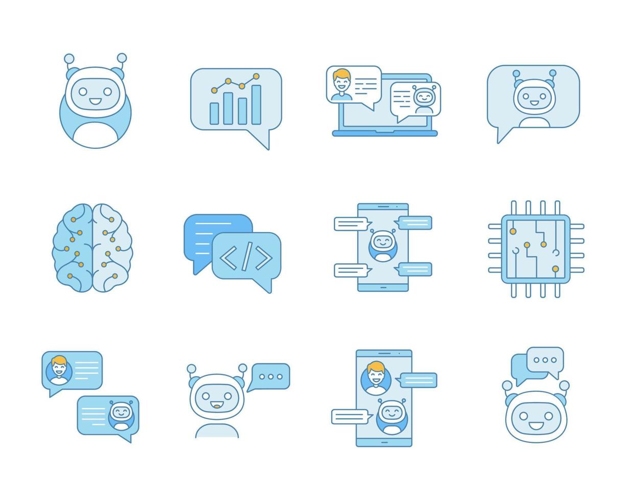 conjunto de iconos de color de chatbot. robots de chat bots parlantes. asistentes virtuales. soporte, chat, código, bots de mensajería. ayudantes en línea. ilustraciones de vectores aislados