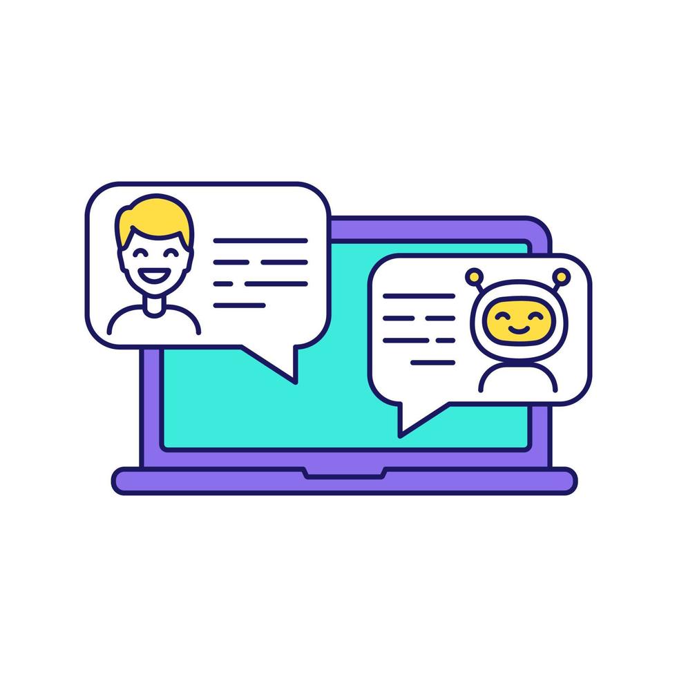 Support chatbot color icon. Messenger bot. Virtual assistant. Modern robot. Man chatting with bot on laptop. Isolated vector illustration