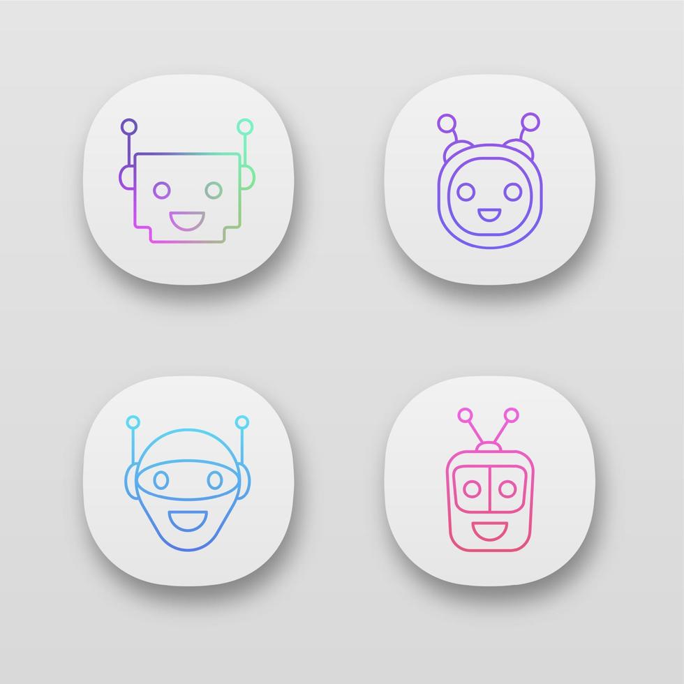 Chatbot app icons set. UIUX user interface. Talkbots. Laughing virtual assistants. Conversational agents. Modern robots. Web or mobile applications. Vector isolated illustrations