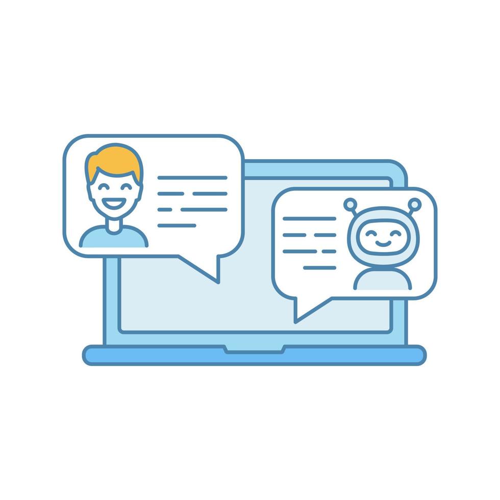 Support chatbot color icon. Messenger bot. Virtual assistant. Modern robot. Man chatting with bot on laptop. Isolated vector illustration