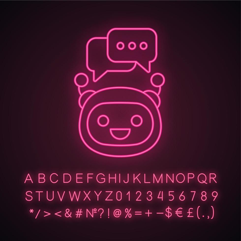 Chatbot with speech bubbles neon light icon. Modern robot. Talkbot typing answer. Online support. Virtual assistant. Glowing sign with alphabet, numbers and symbols. Vector isolated illustration