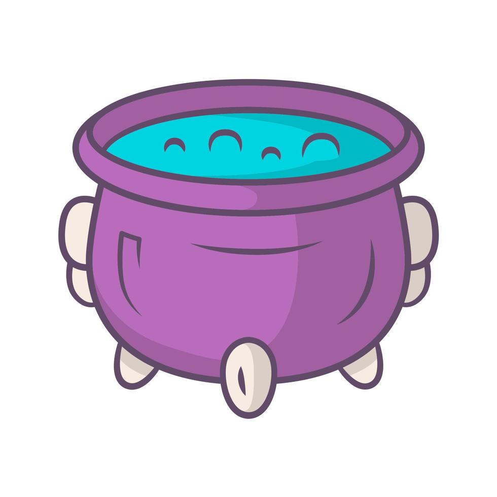 Witch cauldron violet color icon. Brew potion. Wicked witchcraft sorcery. Witch soup. Iron pot, boiler with boiling magical poison, liquid. Halloween wizard item. Isolated vector illustration