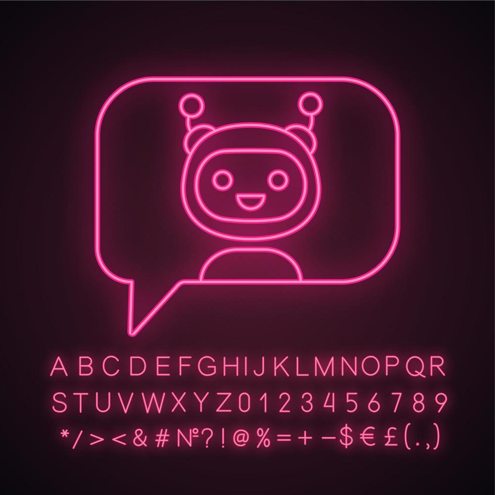 Chatbot in speech bubble neon light icon. Talkbot. Virtual assistant. Online support service. Modern robot. Glowing sign with alphabet, numbers and symbols. Vector isolated illustration