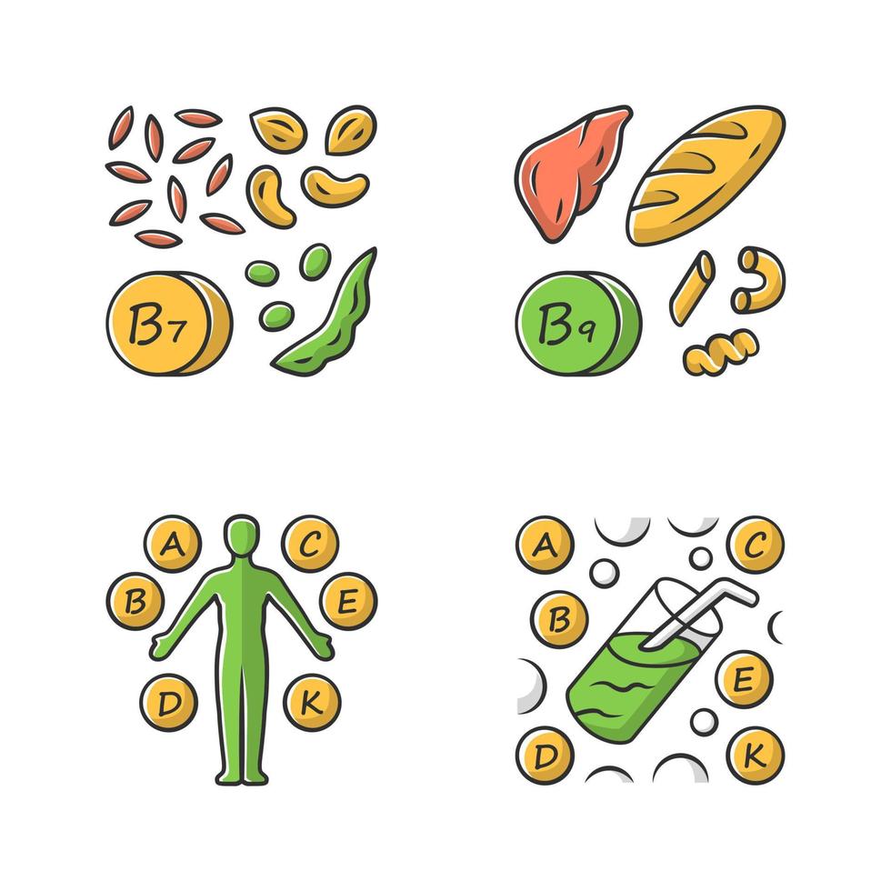 Vitamins color icons set. B1, B9 natural food source. Vitamin complex, cocktail. Nuts, flour products. Proper nutrition. Healthy food. Healthcare. Minerals, antioxidants. Isolated vector illustrations