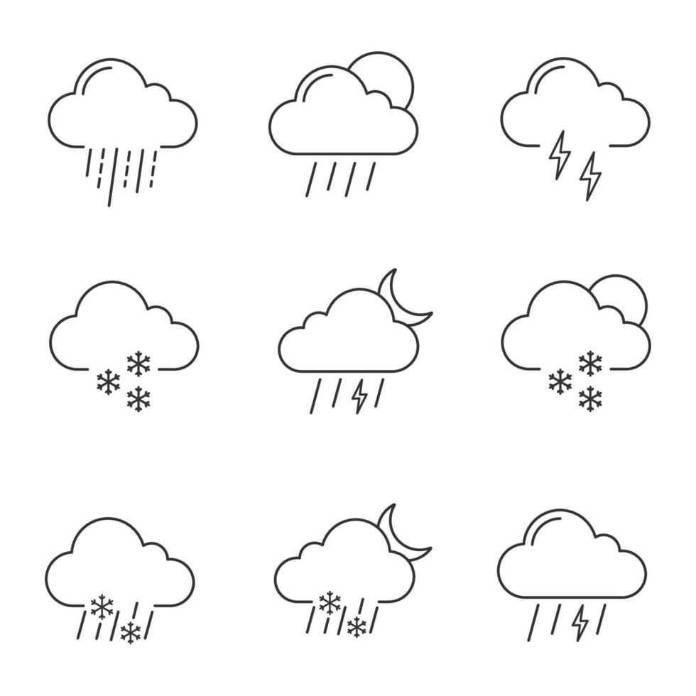 Weather forecast linear icons set. Thunderstorm, drizzle rain, sleet, heavy rain, scattered shower, thunder, light snow, night storm, scattered snow. Isolated vector illustrations. Editable stroke