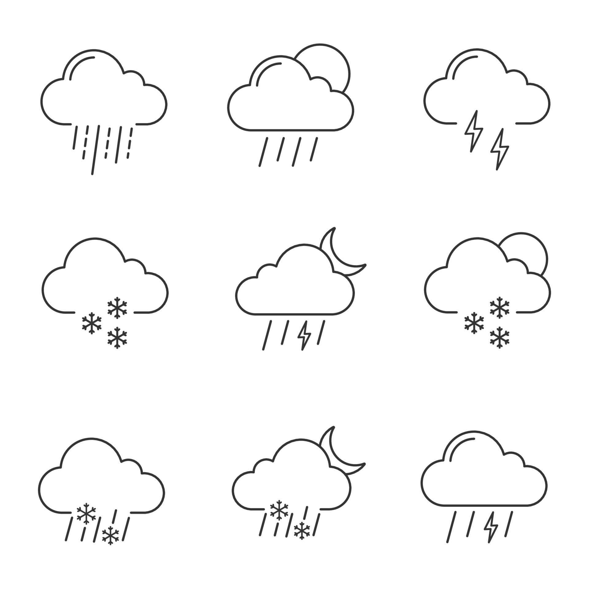 Weather forecast linear icons set. Thunderstorm, drizzle rain, sleet