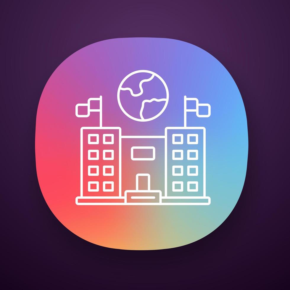 Immigration center app icon. Embassy building. Administrative governmental structure. Earth globe over public building. UIUX user interface. Web or mobile application. Vector isolated illustration