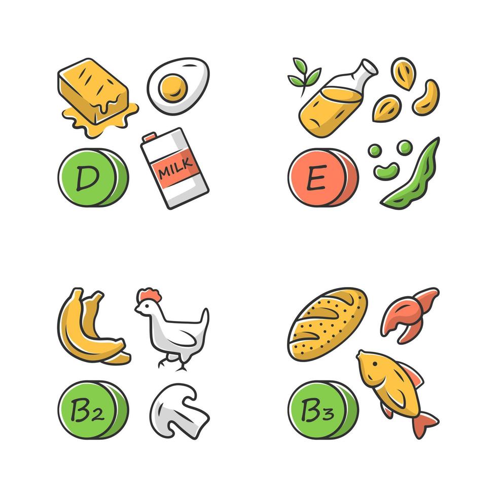 Vitamins color icons set. D, E, B2, B3 vitamins natural food source. Dairy products, nuts. Proper nutrition. Healthy food. Minerals, antioxidants. Isolated vector illustrations