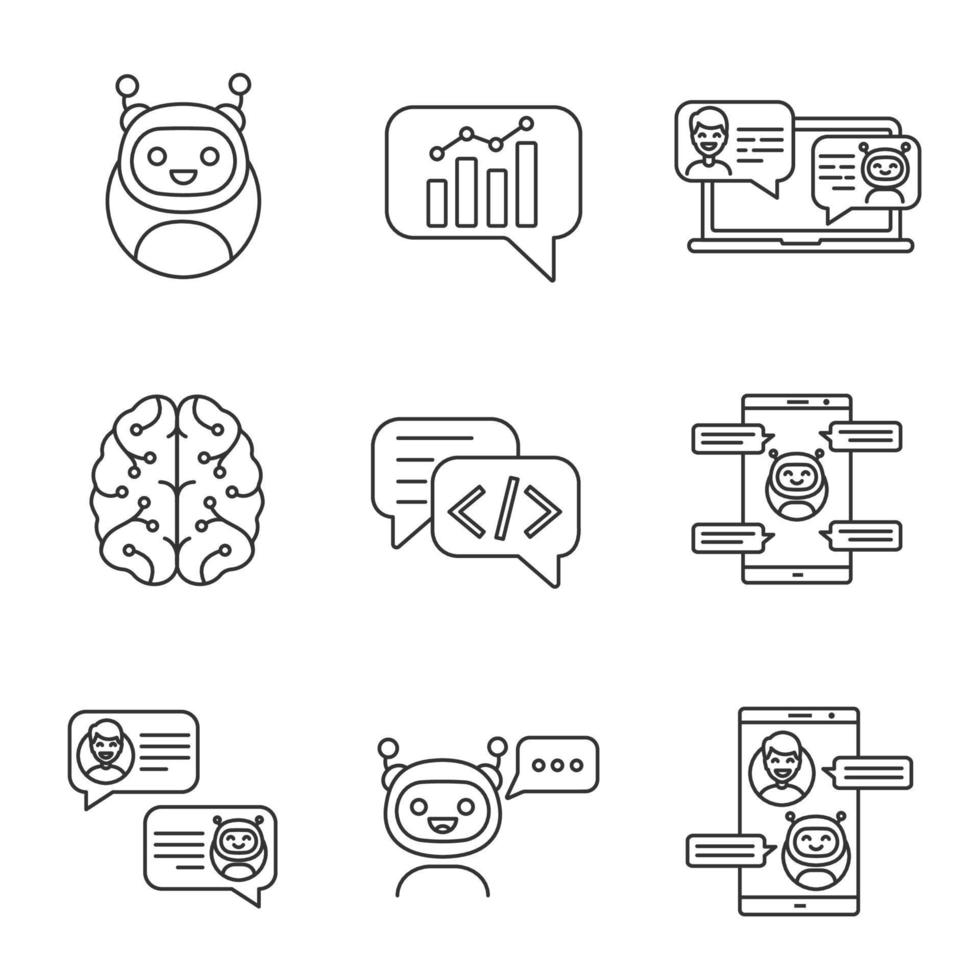 Chatbots linear icons set. Thin line contour symbols. Graph, support, code, messenger, chat bots. Modern robots. Chatterbots. Virtual assistants. Isolated vector outline illustrations. Editable stroke